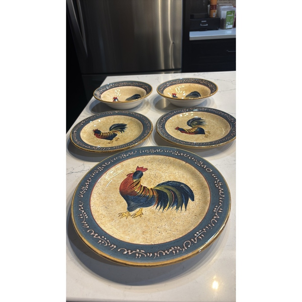 Lot 5 - Noble Excellence Rooster Cafe 1 Dinner Plate 2- Bowls, 2 Salad Plates